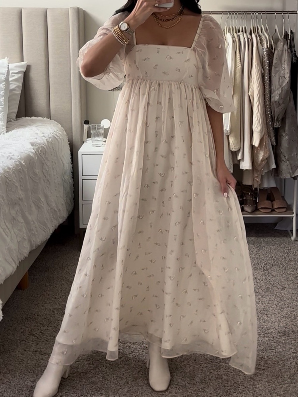 Sheer Puff-Sleeve Maxi Dress in Light Cream